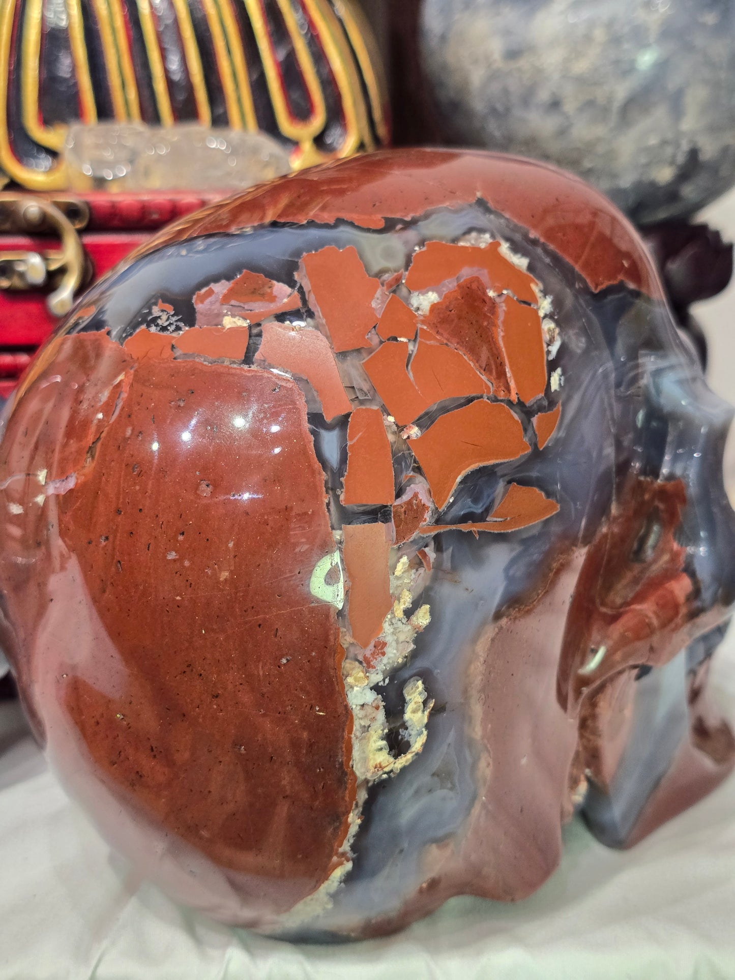 Blue Chalcedony & Red Brecciated jasper skull :The Mosaic Rose