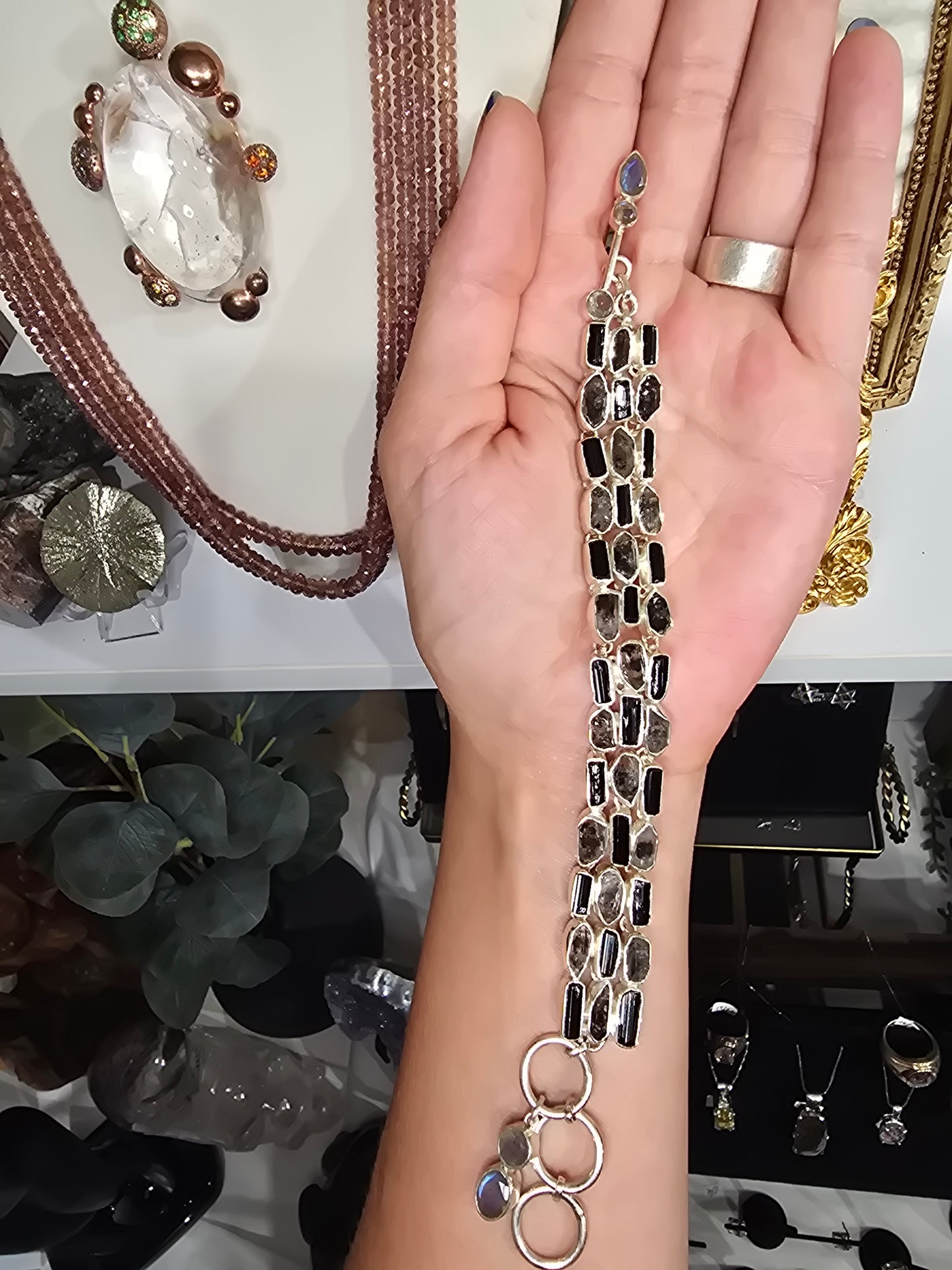 Black Tourmaline and Herkimer Quartz Crystal Sterling silver bracelet