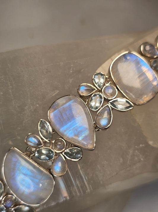 Rainbow Moonstone & Aquamarine Bracelet – Sterling Silver
