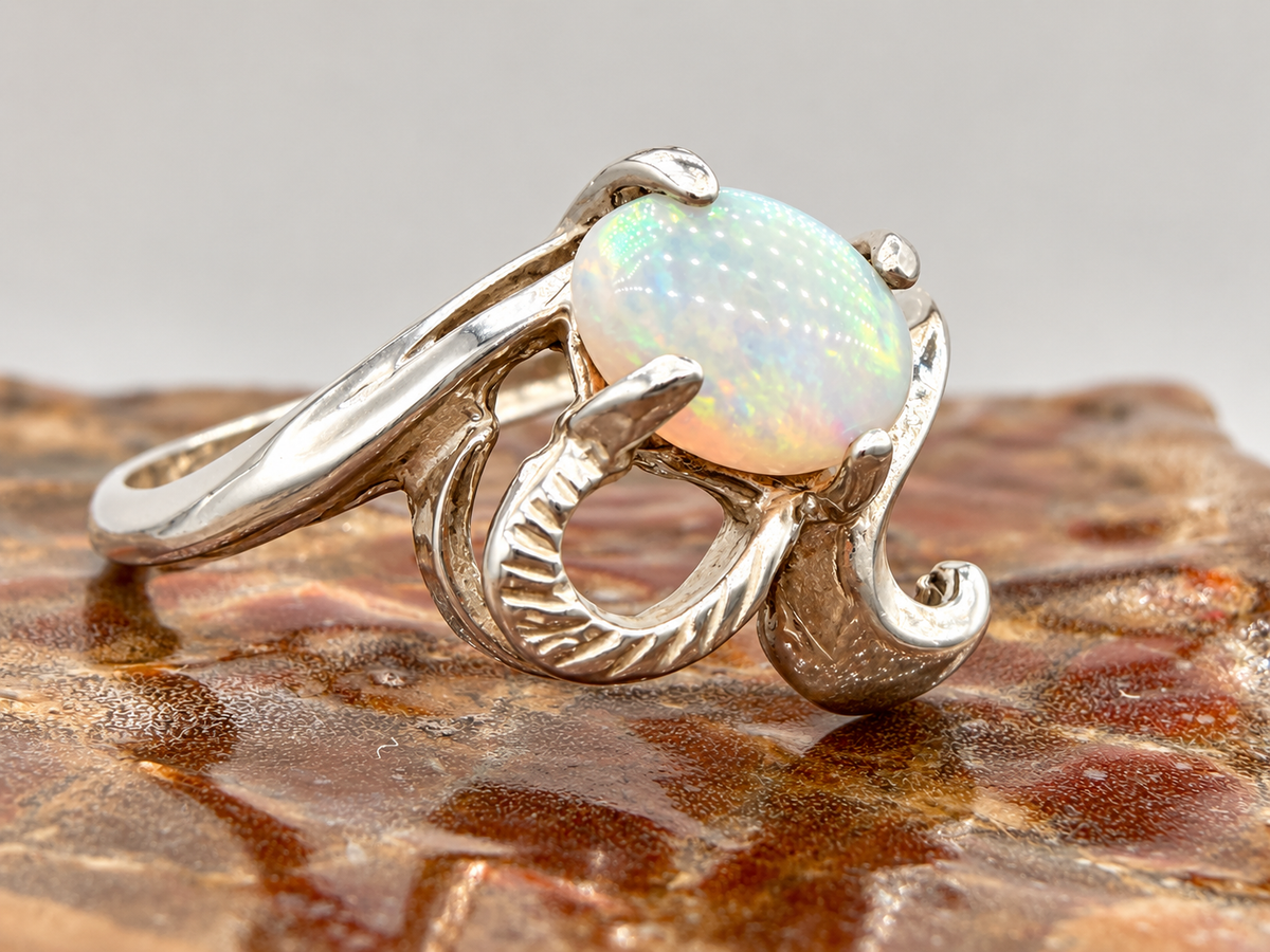 Sculptural Oval Opal Sterling Silver Ring – Size 5.5