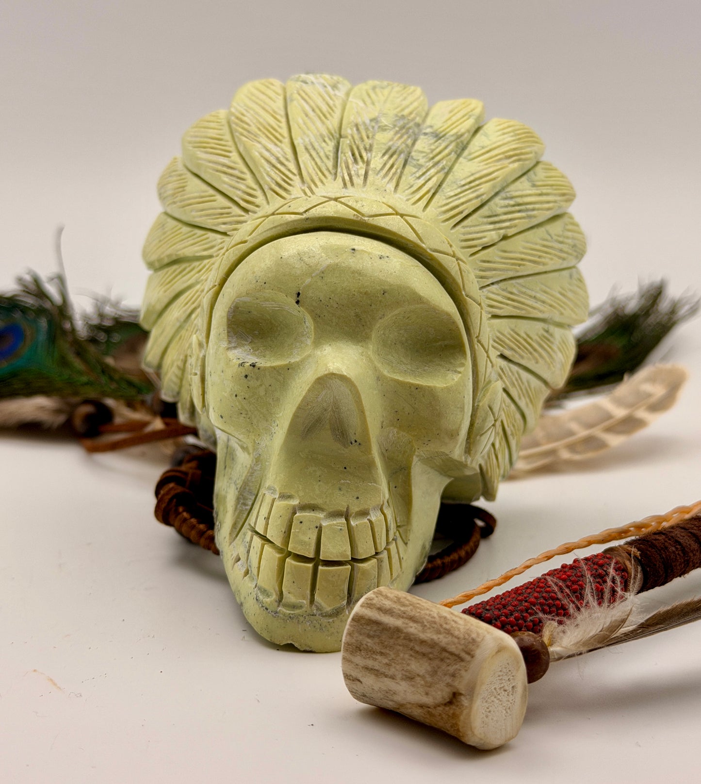 Peruvian Serpentine Skull – Feather Headdress Carving