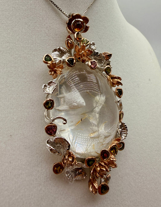 Angelfish Intaglio Quartz, Tourmaline, and Sapphire Pendant