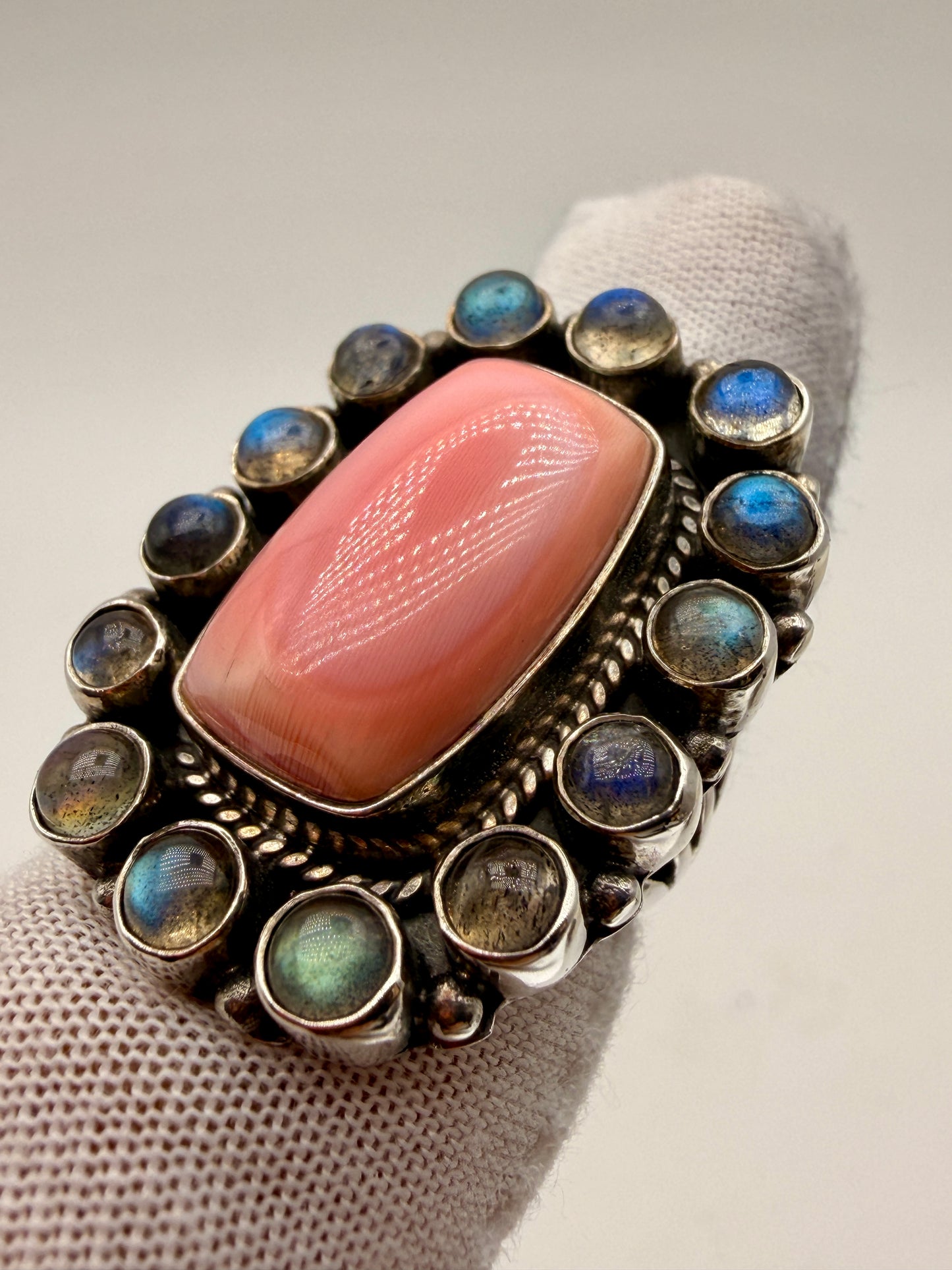 PInk Conch Shell and Labradorite Ring