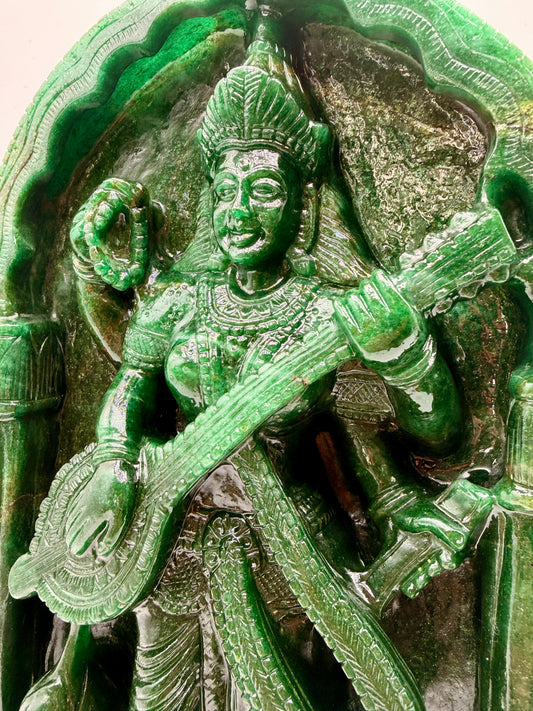 Green Aventurine Saraswati Statue – Veena Crystal Altar
