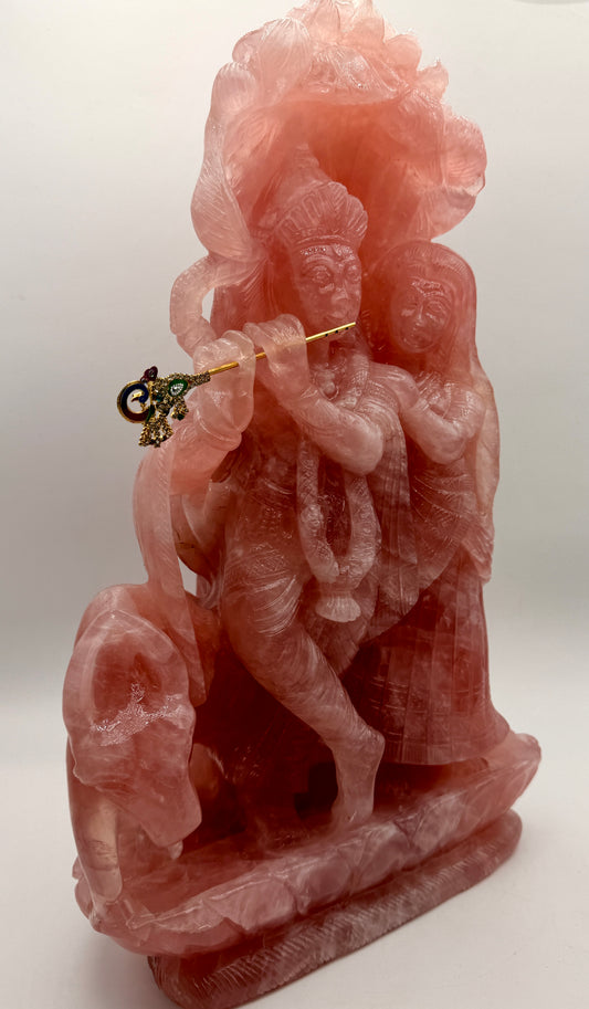Rose Quartz Radha Krishna Statue – Hand-Carved Crystal Altar