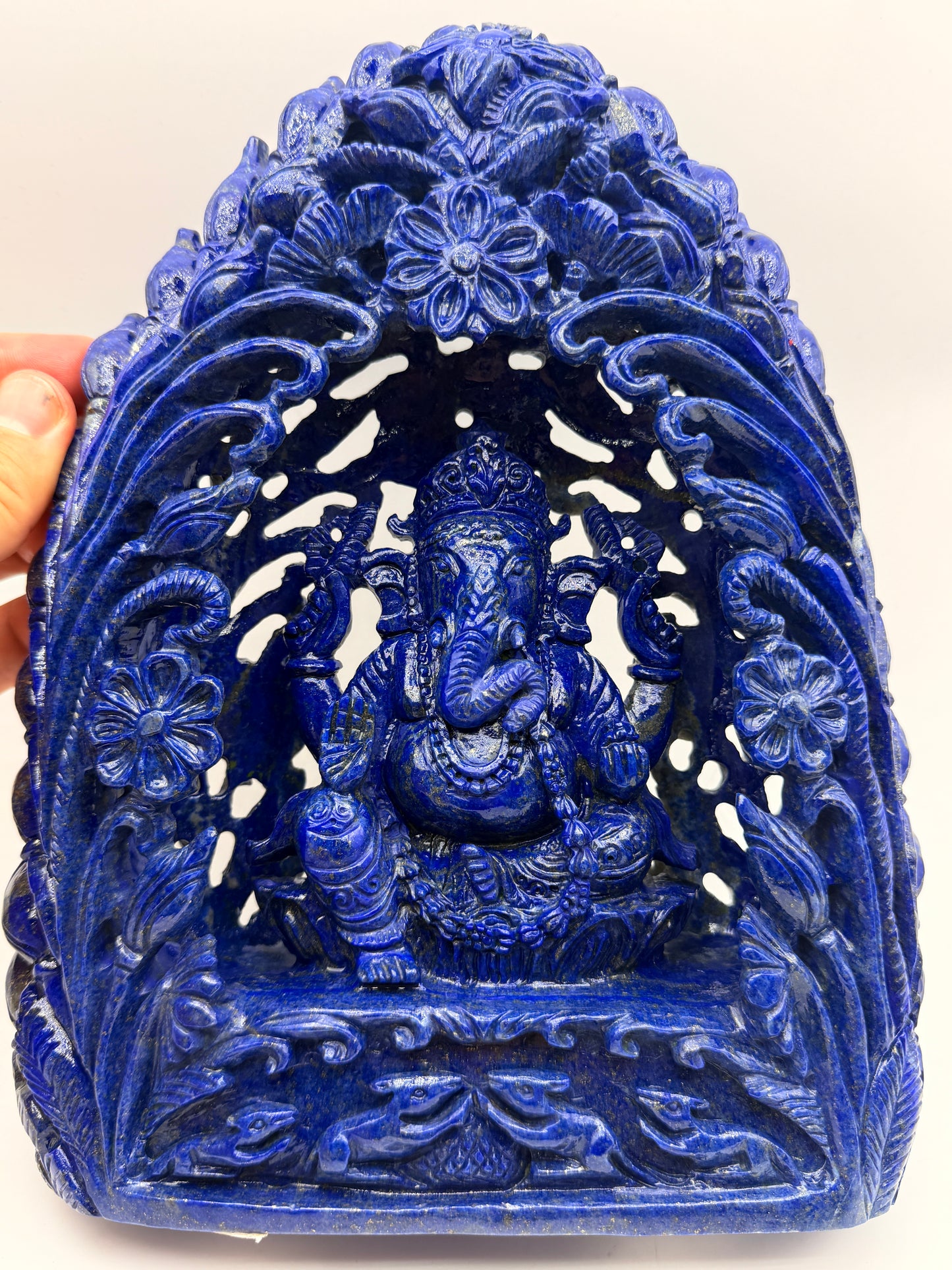 Lapis Crystal Carved Filagree Flower grove Ganesha Altar