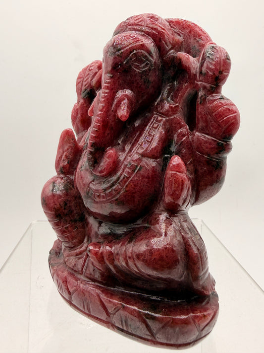 Rhodonite Crystal Ganesha Statue – Hand-Carved Altar