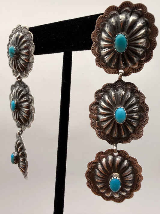 Vintage Navajo Sterling Silver Triple Concho Turquoise Dangle Earrings | 3"