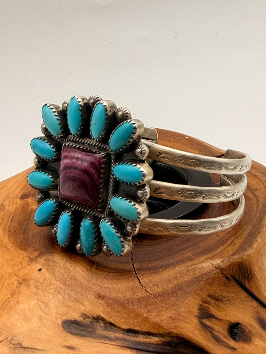 Turquoise & Spiny Oyster Sterling Silver Cluster Cuff Bracelet | 6.5"