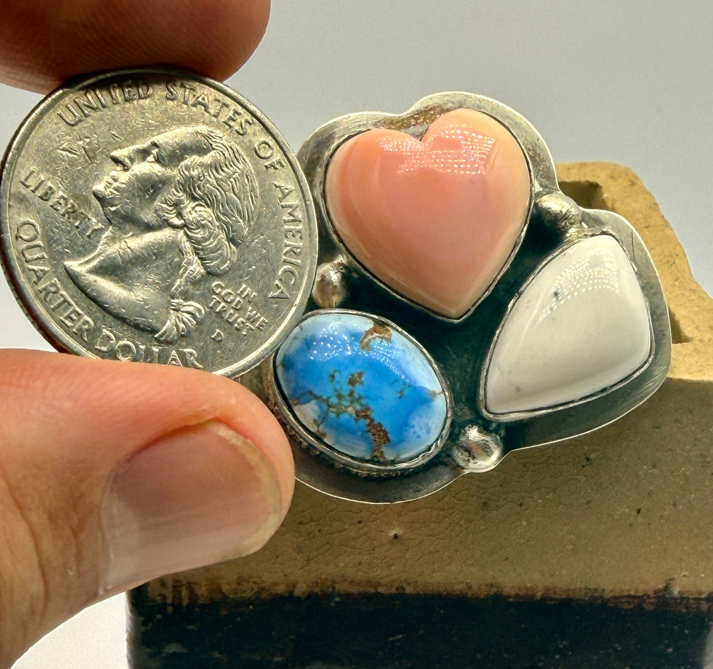 Lyle Piaso Golden Hills Turquoise, Conch Shell & White Buffalo Sterling Silver Ring