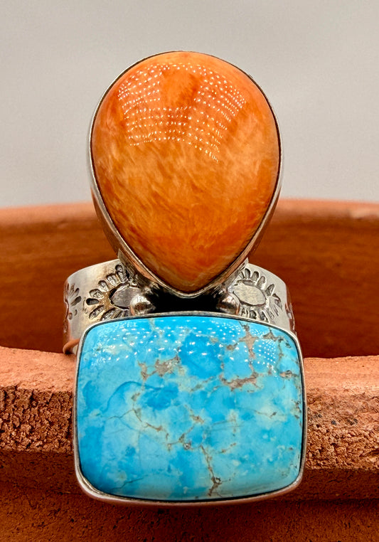 Kingman Turquoise & Spiny Oyster Adjustable Sterling Silver Statement Ring