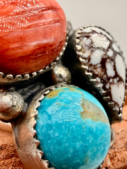 Sleeping Beauty Turquoise, Spiny Oyster & Wild Horse Sterling Silver Adjustable Ring