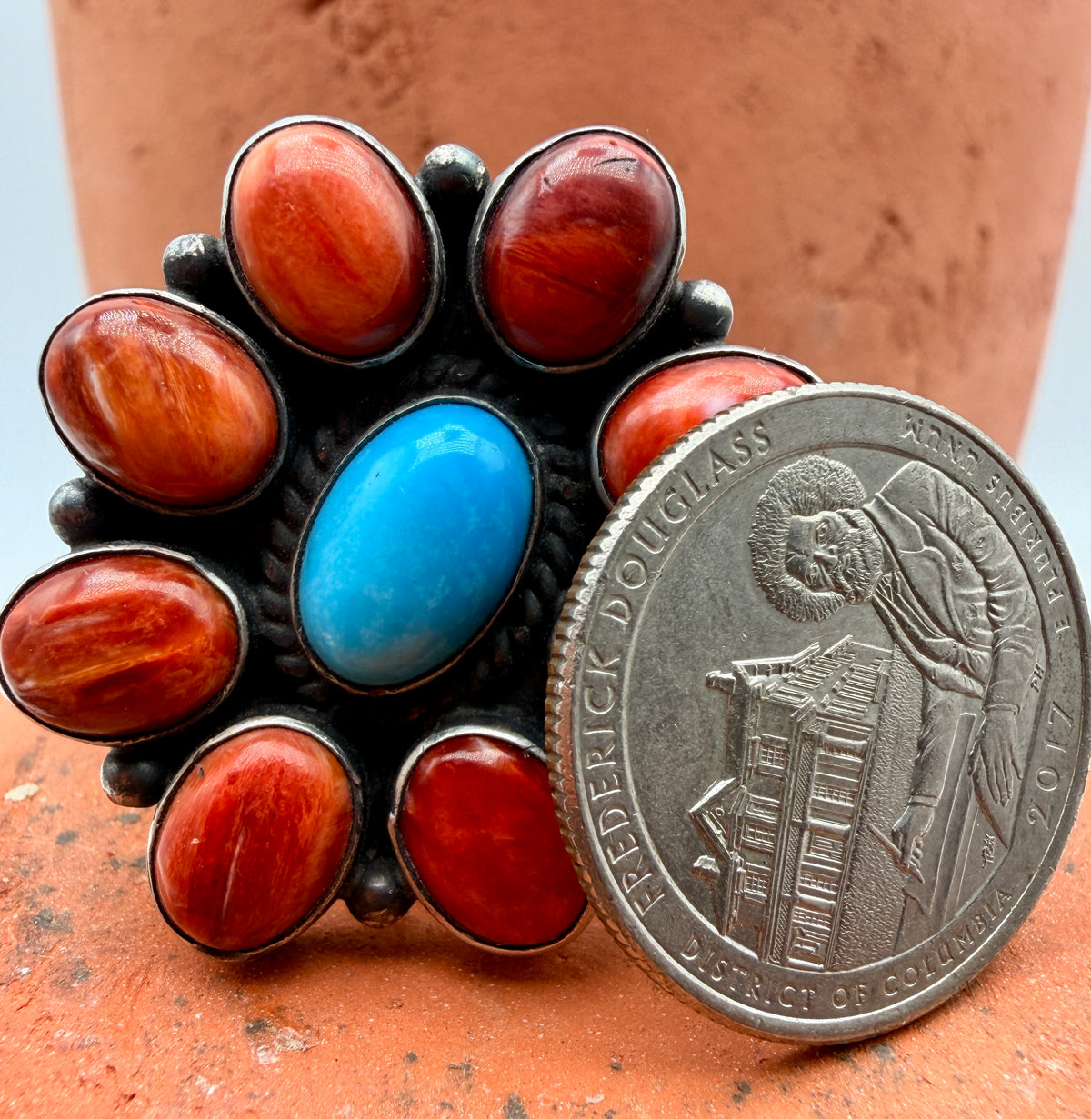 Turquoise & Spiny Oyster Sterling Silver Cluster Statement Ring