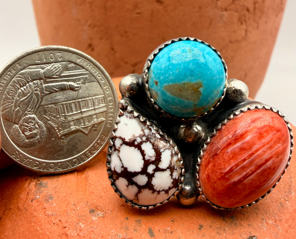 Sleeping Beauty Turquoise, Spiny Oyster & Wild Horse Sterling Silver Adjustable Ring