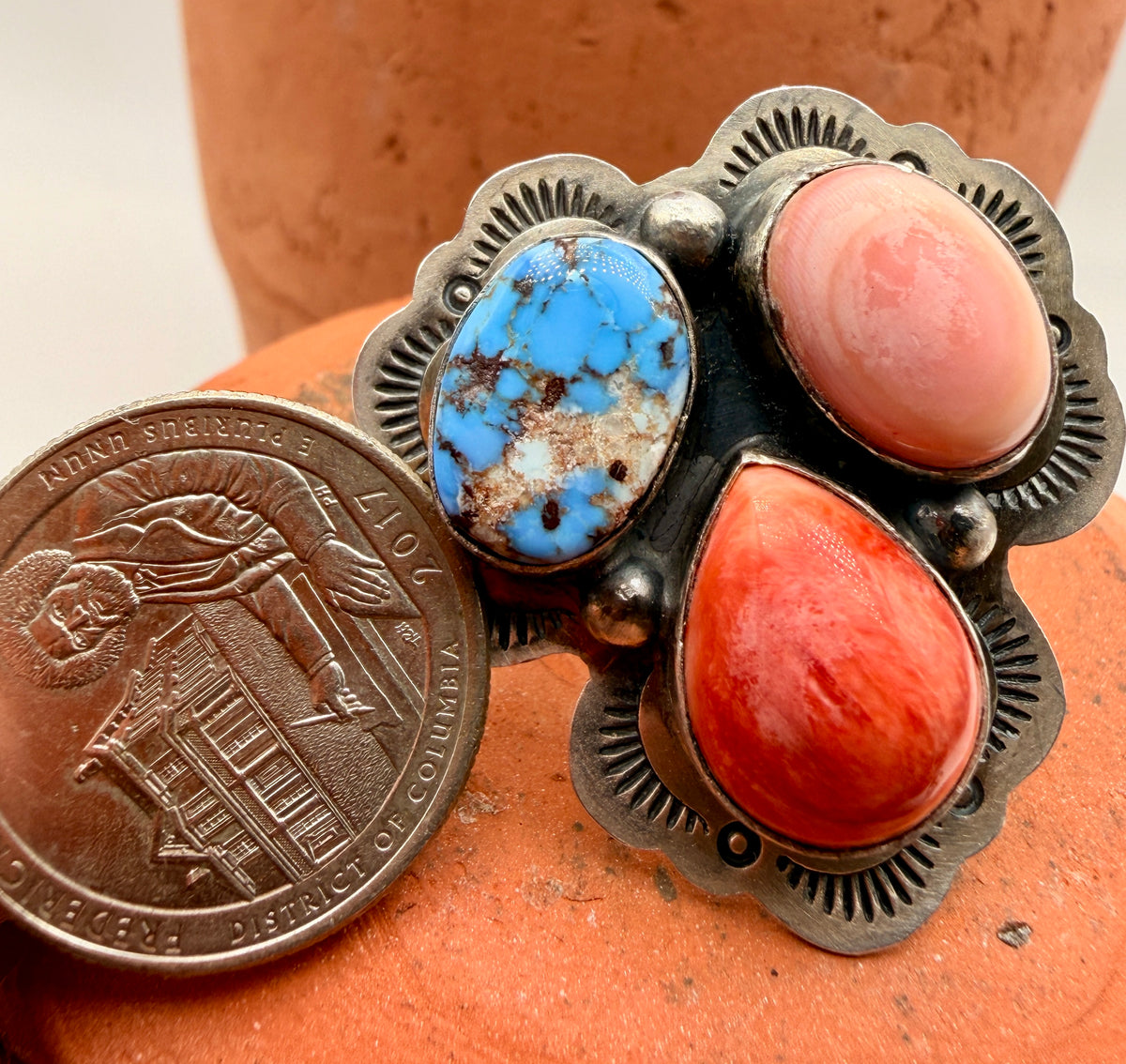 Lyle Piaso Golden Hills Turquoise, Spiny Oyster & Pink Conch Sterling Silver Ring