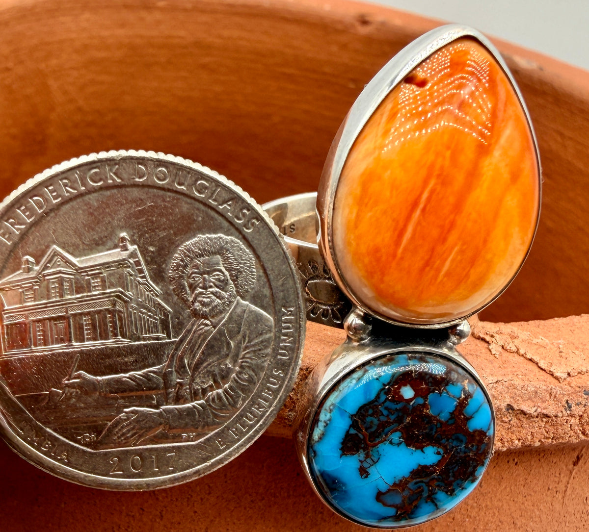 Egyptian Turquoise & Spiny Oyster Adjustable Sterling Silver Statement Ring