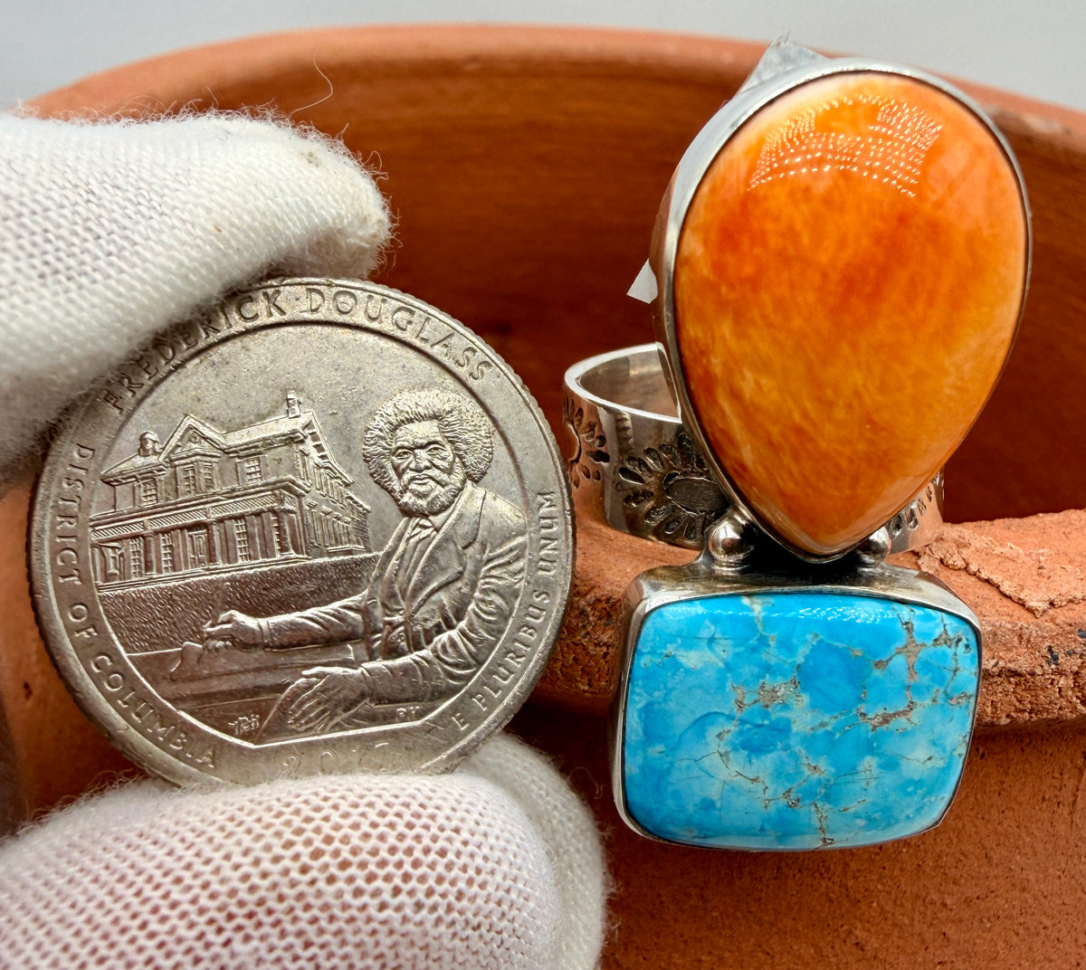 Kingman Turquoise & Spiny Oyster Adjustable Sterling Silver Statement Ring