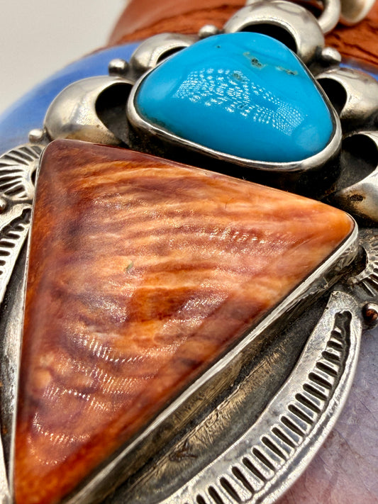 Close-up of Spiny Oyster shell and Blue Gem Turquoise cabochons in sterling silver