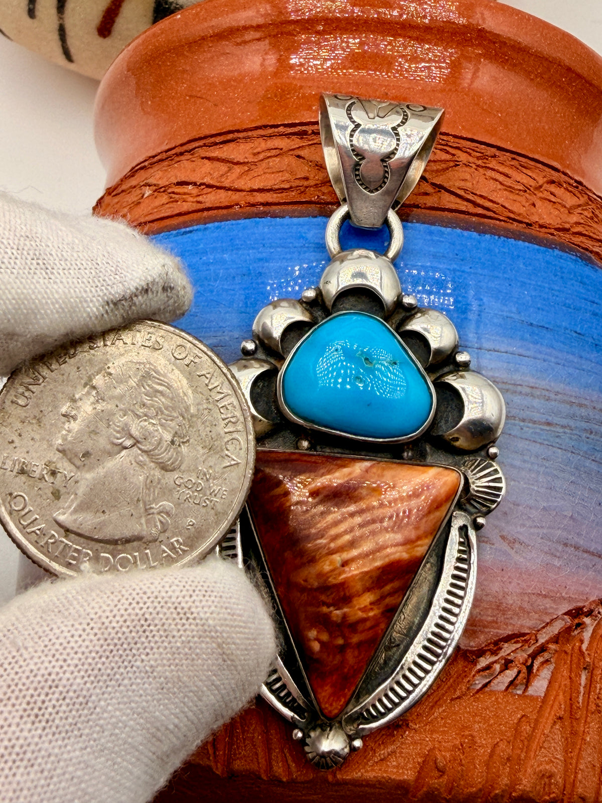 Blue Gem Turquoise & Spiny Oyster Sterling Silver Pendant