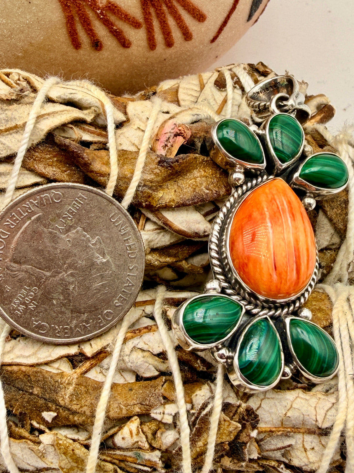 Malachite & Spiny Oyster Sterling Silver Pendant