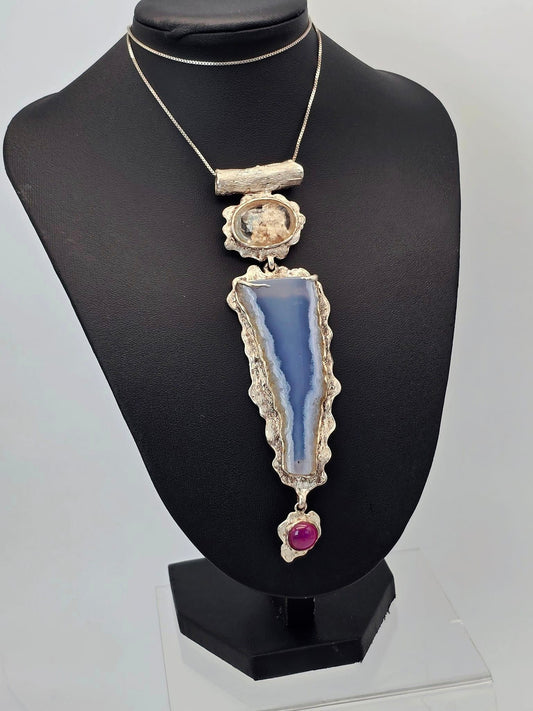 Blue Chalcedony, Ruby, Scenic Quartz Neck Art