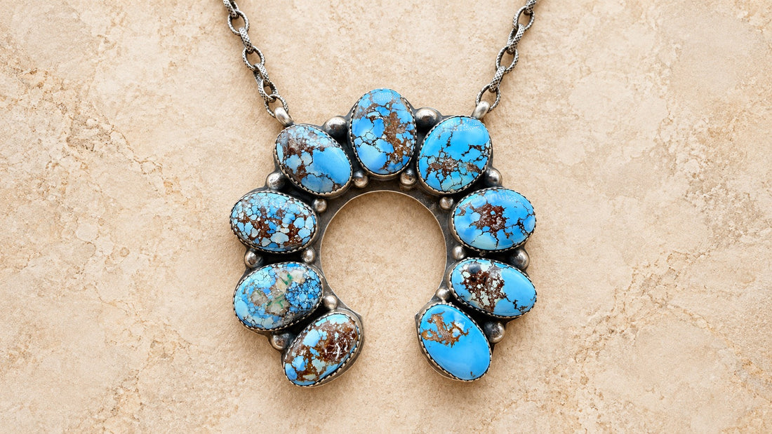 Golden Hills turquoise Naja necklace with nine blue matrix stones set in handcrafted sterling silver