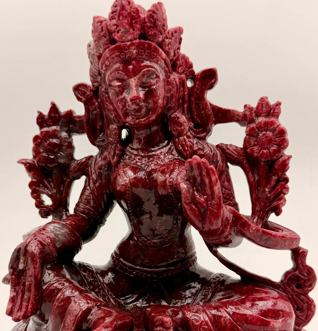 Hand-carved crystal Tara statue representing compassion, protection and wisdom for a sacred crystal altar