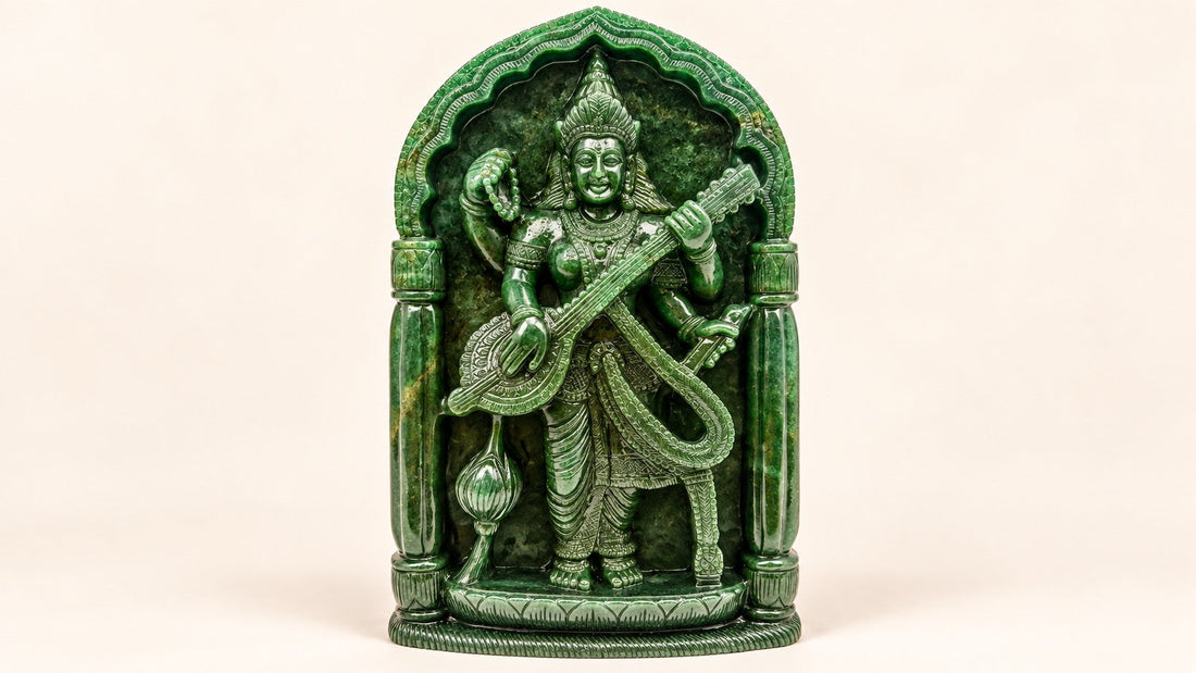 Hand-carved crystal Saraswati statue with veena representing knowledge, wisdom, music and creativity