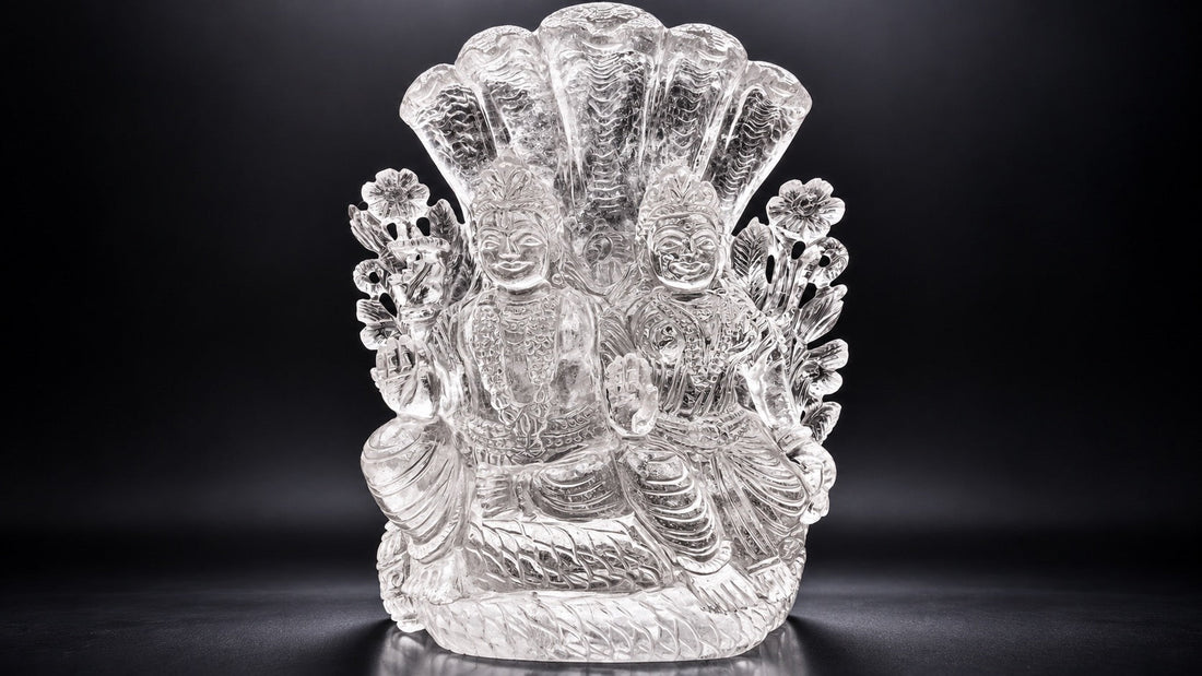 Hand-carved crystal Lakshmi statue symbolizing prosperity, abundance and beauty for a sacred crystal altar