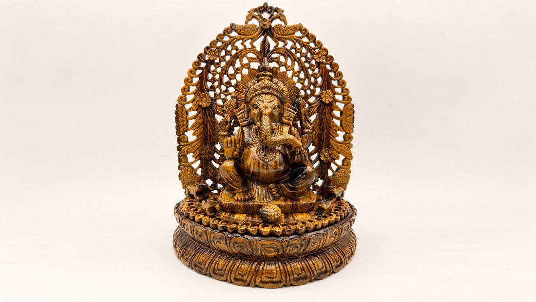 Hand-carved Tiger Eye Ganesha altar with intricate filigree and natural golden-brown gemstone banding