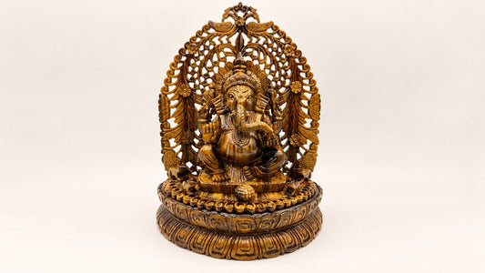 Hand-carved Tiger Eye Ganesha altar with intricate filigree and natural golden-brown gemstone banding