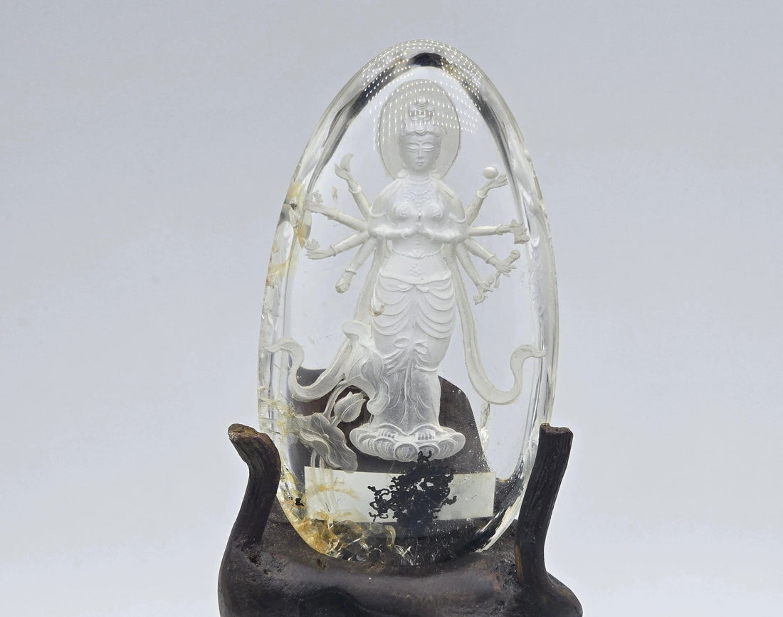 Hand-carved crystal Quan Yin statue symbolizing compassion, mercy, and peaceful reflection for sacred altars and meditation spaces