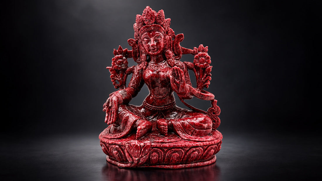 Hand-carved crystal Tara statue representing compassion, protection and wisdom for a sacred crystal altar