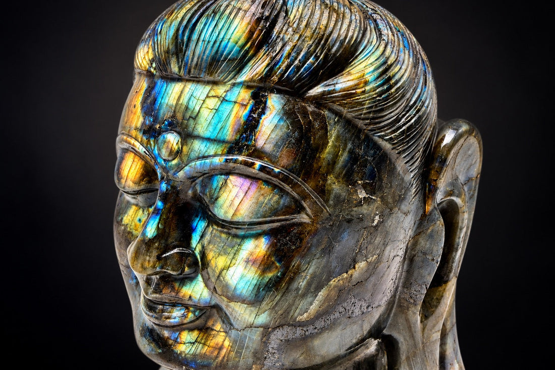 Hand-carved crystal Buddha statue symbolizing mindfulness, wisdom, compassion, and inner peace
