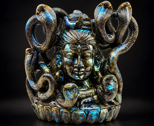 Hand-carved natural Crystal Shiva statue displayed on a sacred crystal altar with collector-quality gemstone craftsmanship.