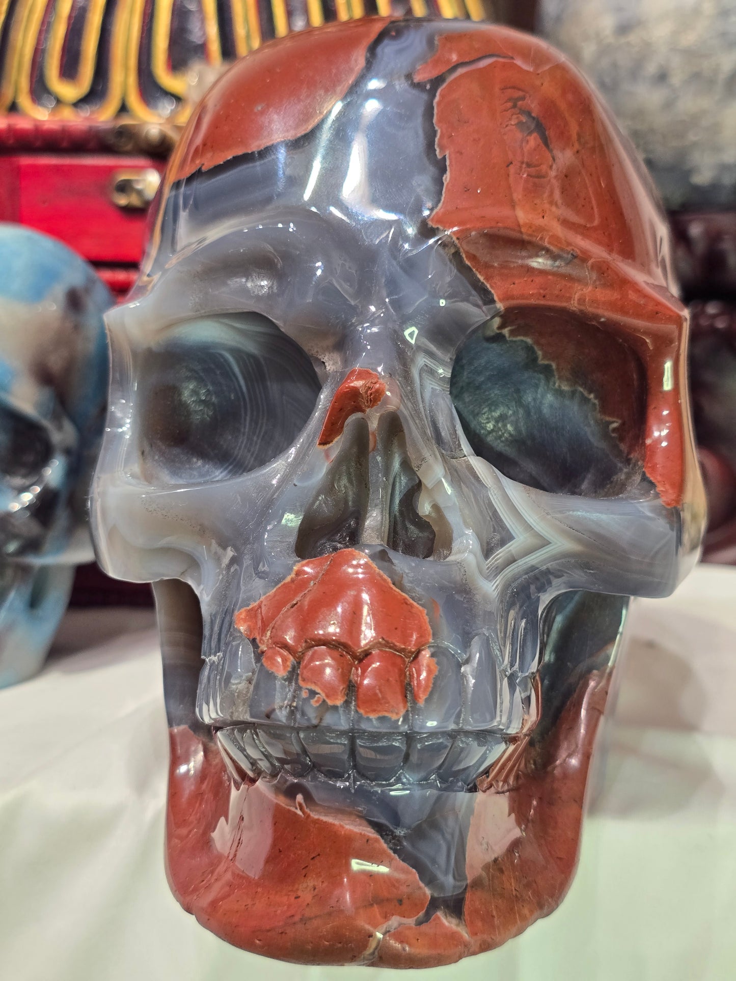 Blue Chalcedony & Red Brecciated jasper skull :The Mosaic Rose