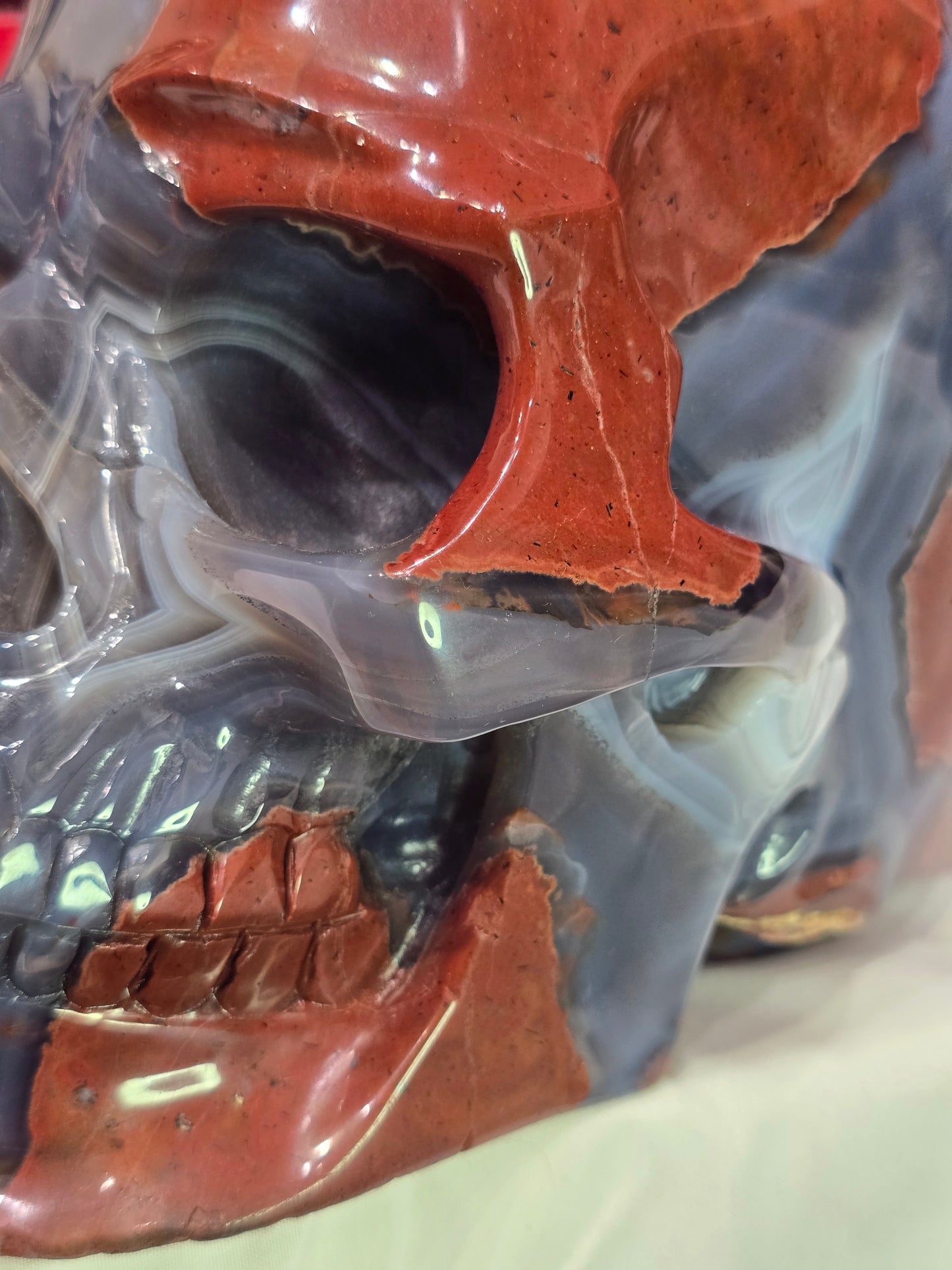 Blue Chalcedony & Red Brecciated jasper skull :The Mosaic Rose