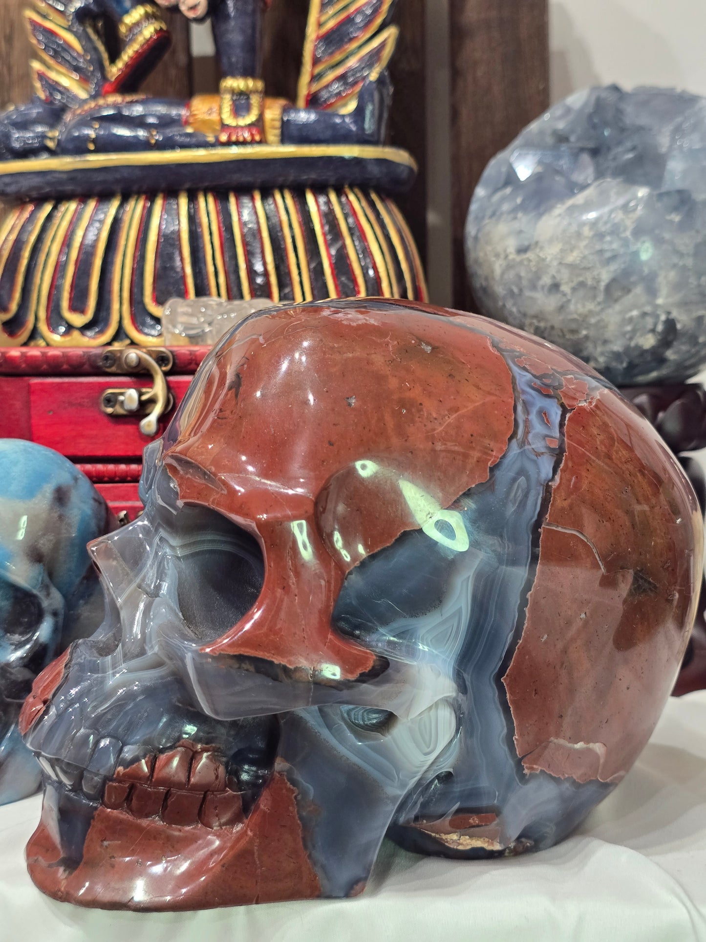 Blue Chalcedony & Red Brecciated jasper skull :The Mosaic Rose