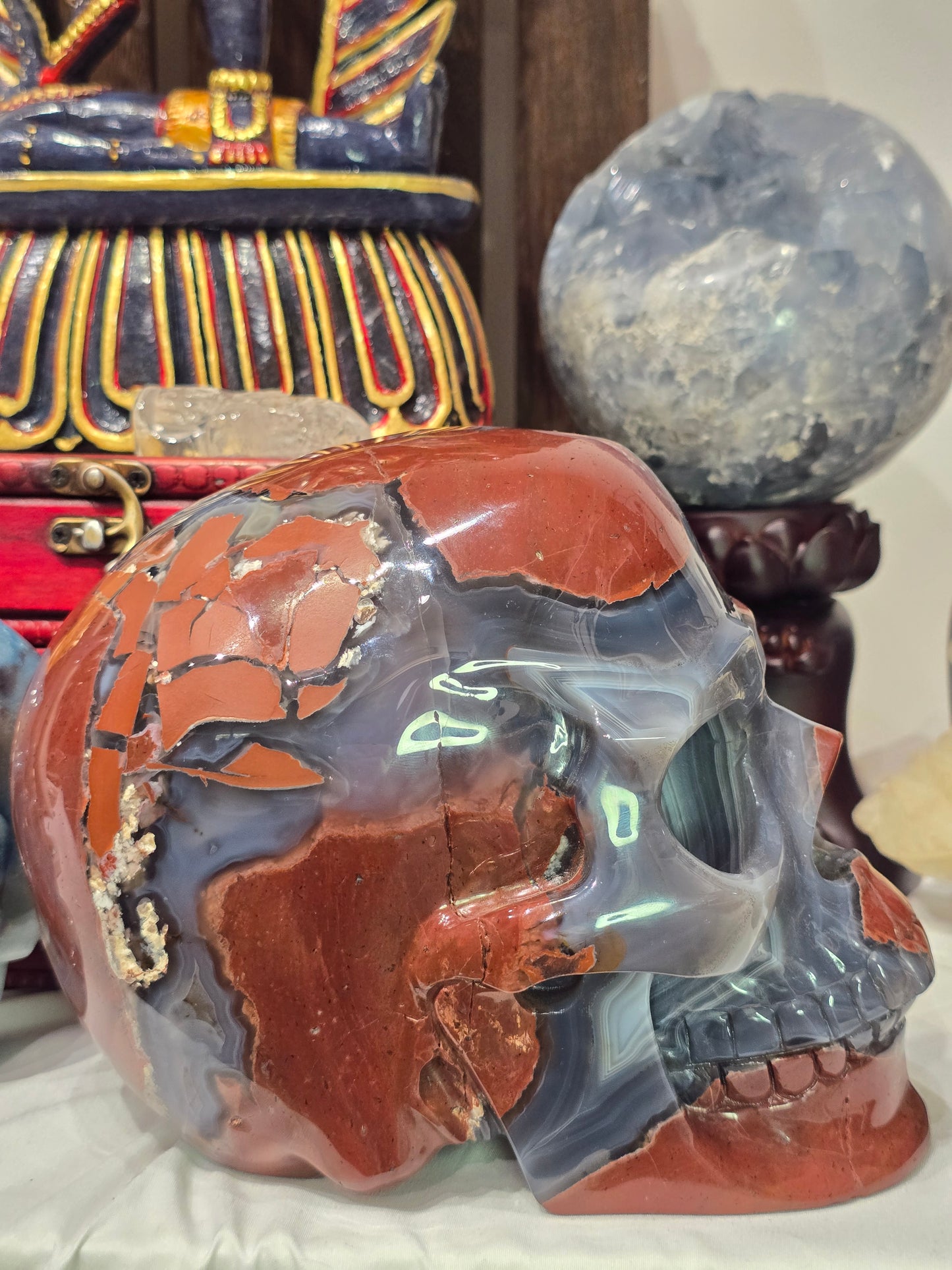 Blue Chalcedony & Red Brecciated jasper skull :The Mosaic Rose