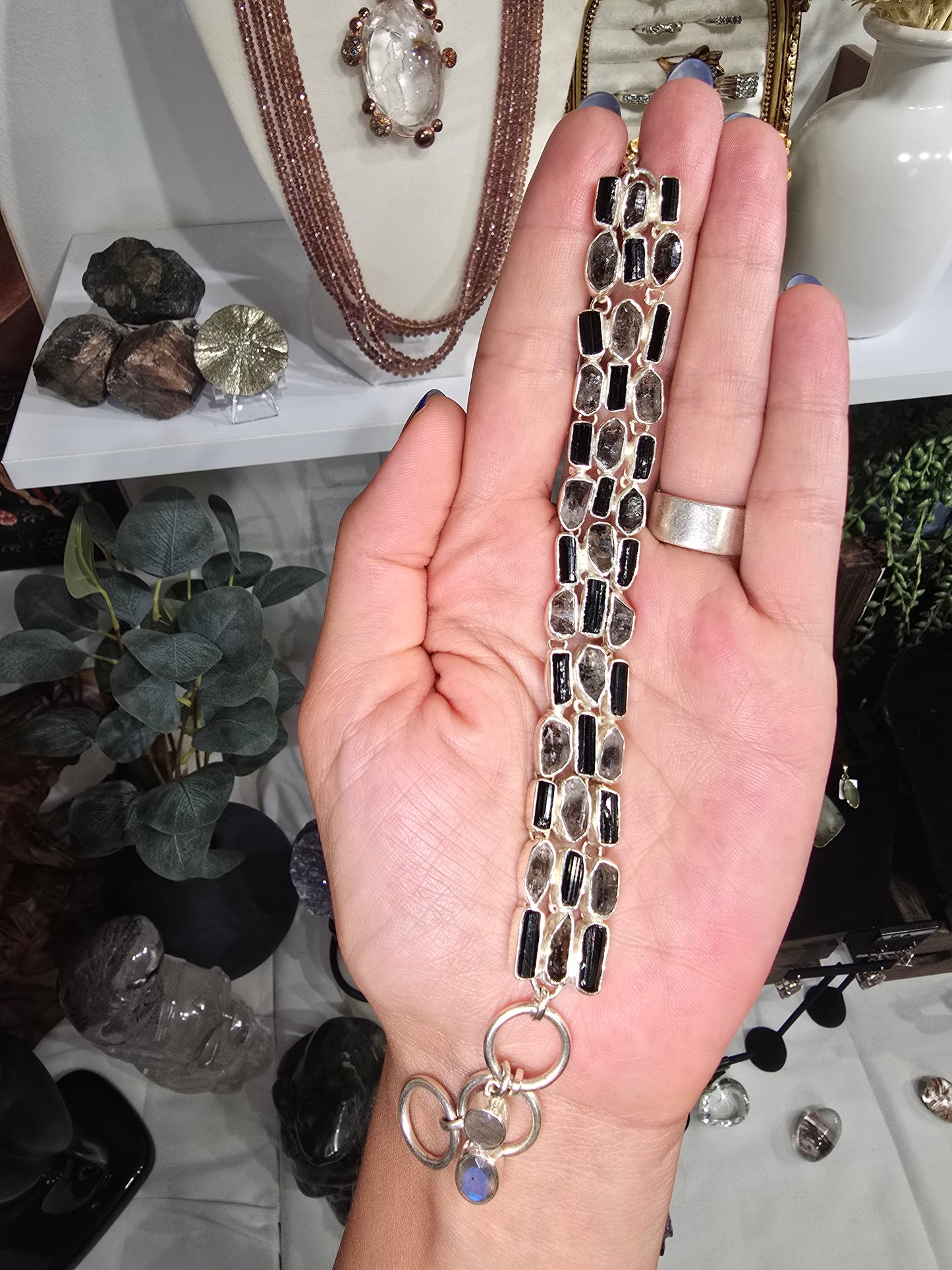Black Tourmaline and Herkimer Quartz Crystal Sterling silver bracelet