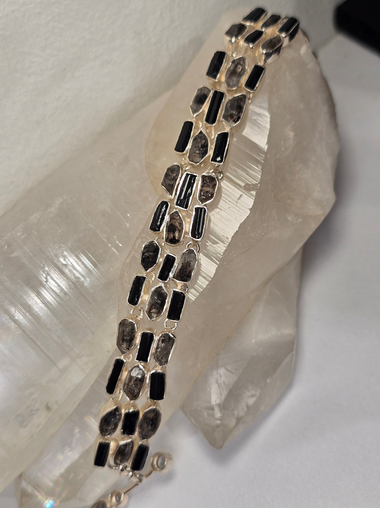 Black Tourmaline and Herkimer Quartz Crystal Sterling silver bracelet
