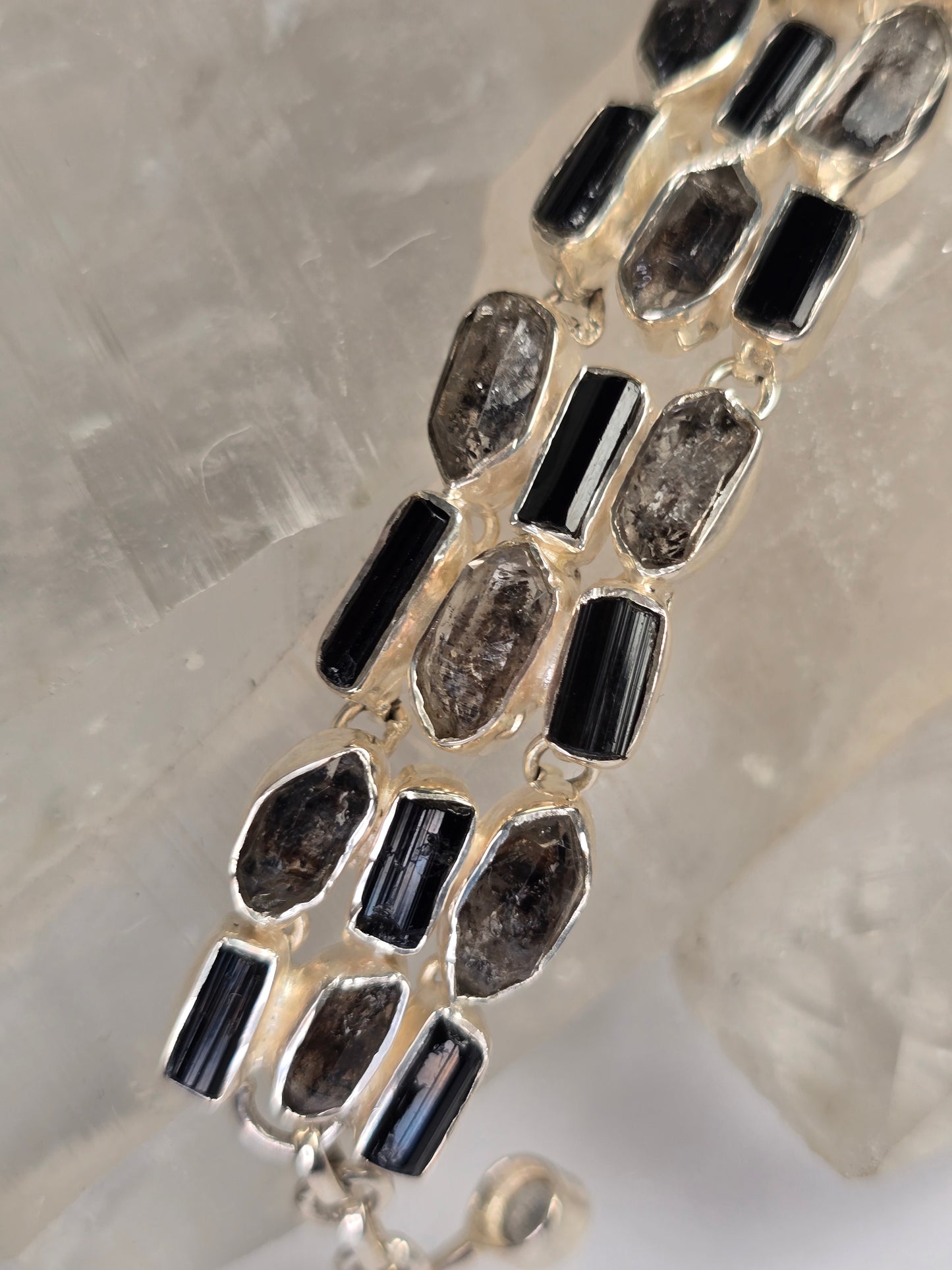 Black Tourmaline and Herkimer Quartz Crystal Sterling silver bracelet