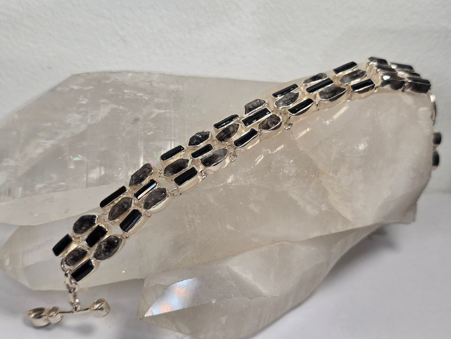 Black Tourmaline and Herkimer Quartz Crystal Sterling silver bracelet