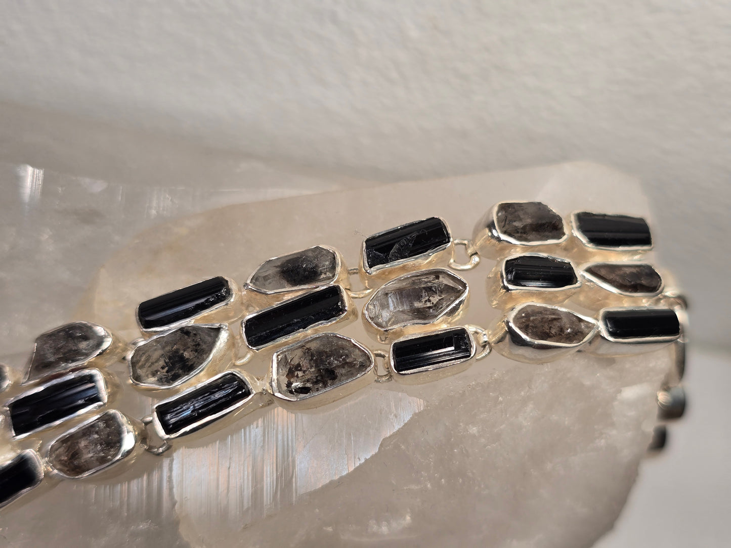 Black Tourmaline and Herkimer Quartz Crystal Sterling silver bracelet