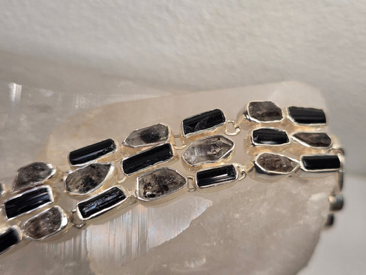 Black Tourmaline & Herkimer Quartz Bracelet – Sterling Silver