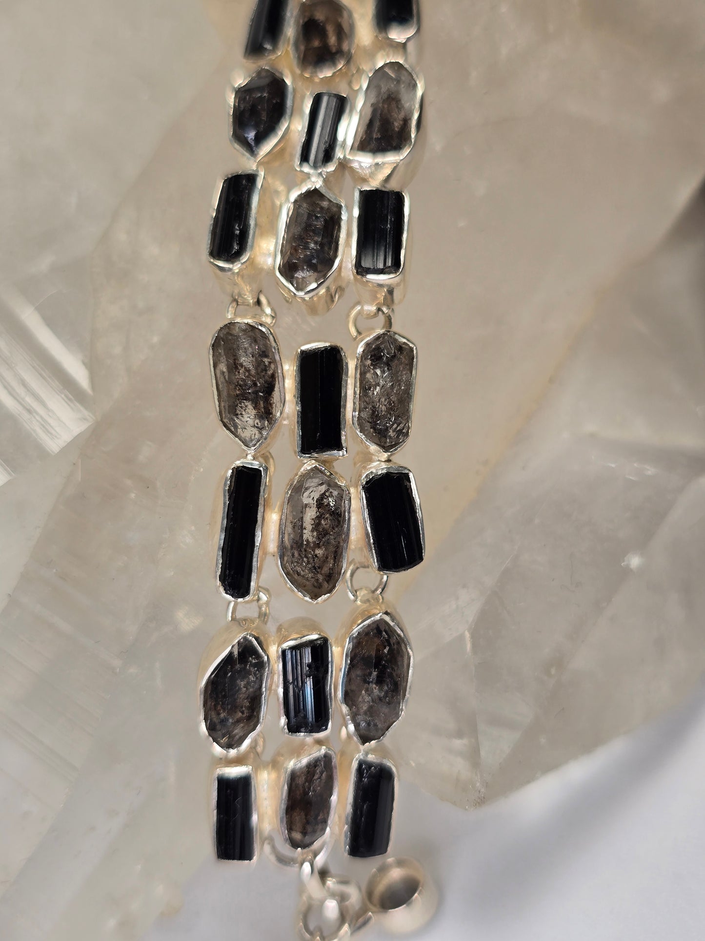 Black Tourmaline and Herkimer Quartz Crystal Sterling silver bracelet