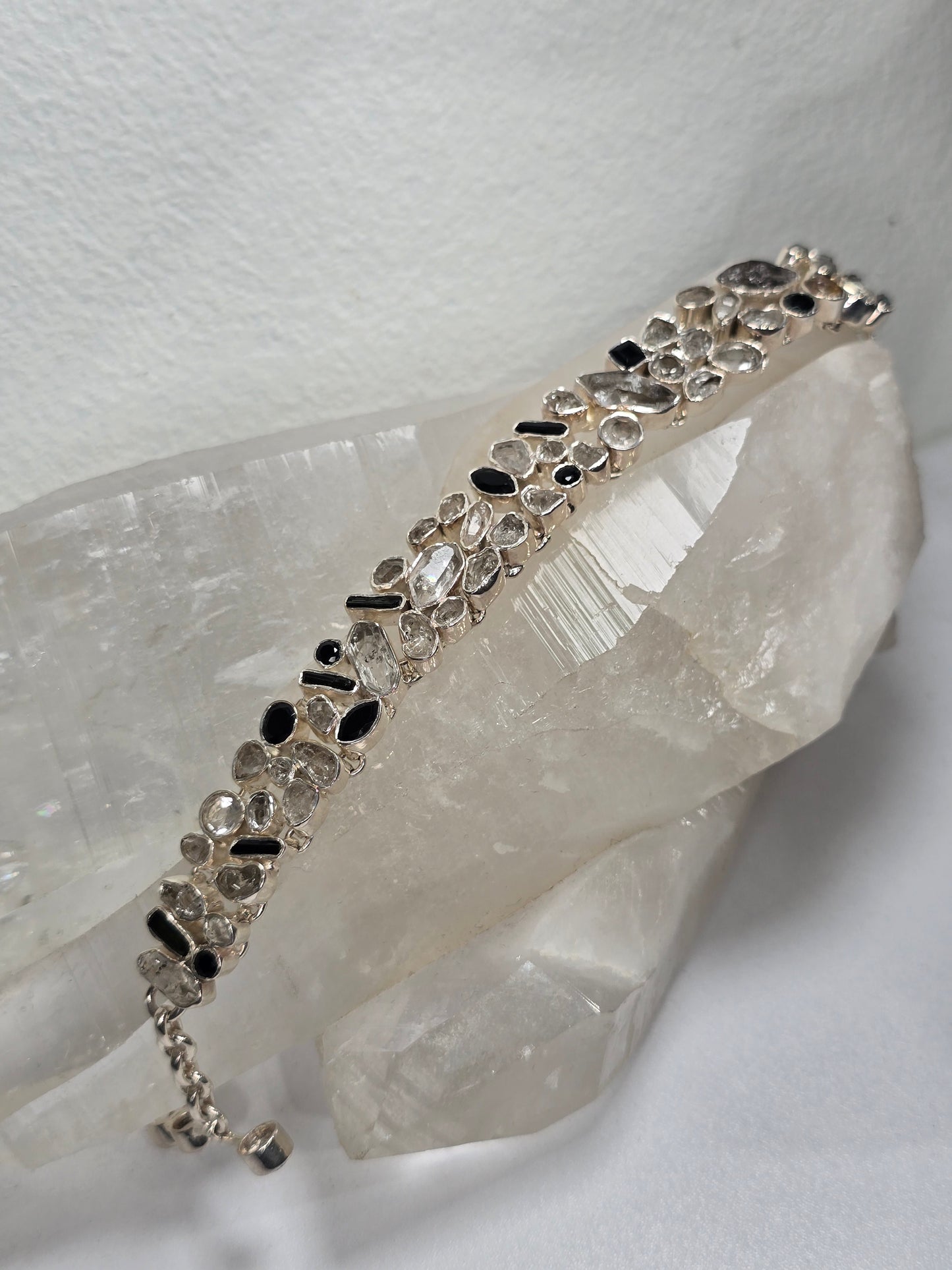 Black Onyx, Tourmaline, and Herkimer Quartz Sterling silver bracelet