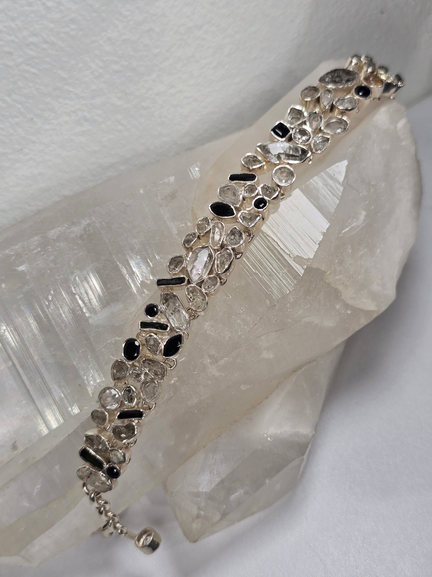 Black Onyx, Tourmaline, and Herkimer Quartz Sterling silver bracelet