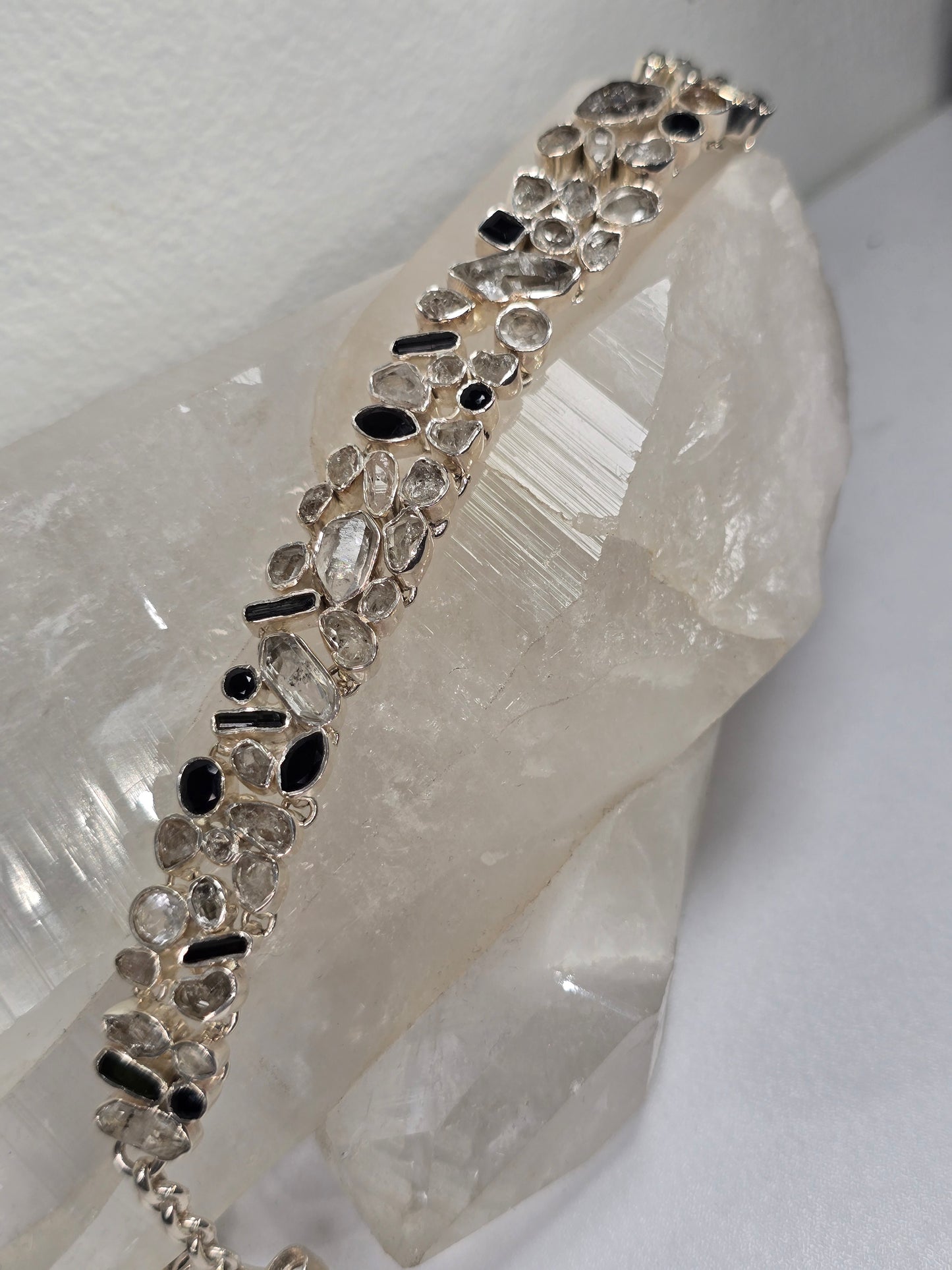 Black Onyx, Tourmaline, and Herkimer Quartz Sterling silver bracelet