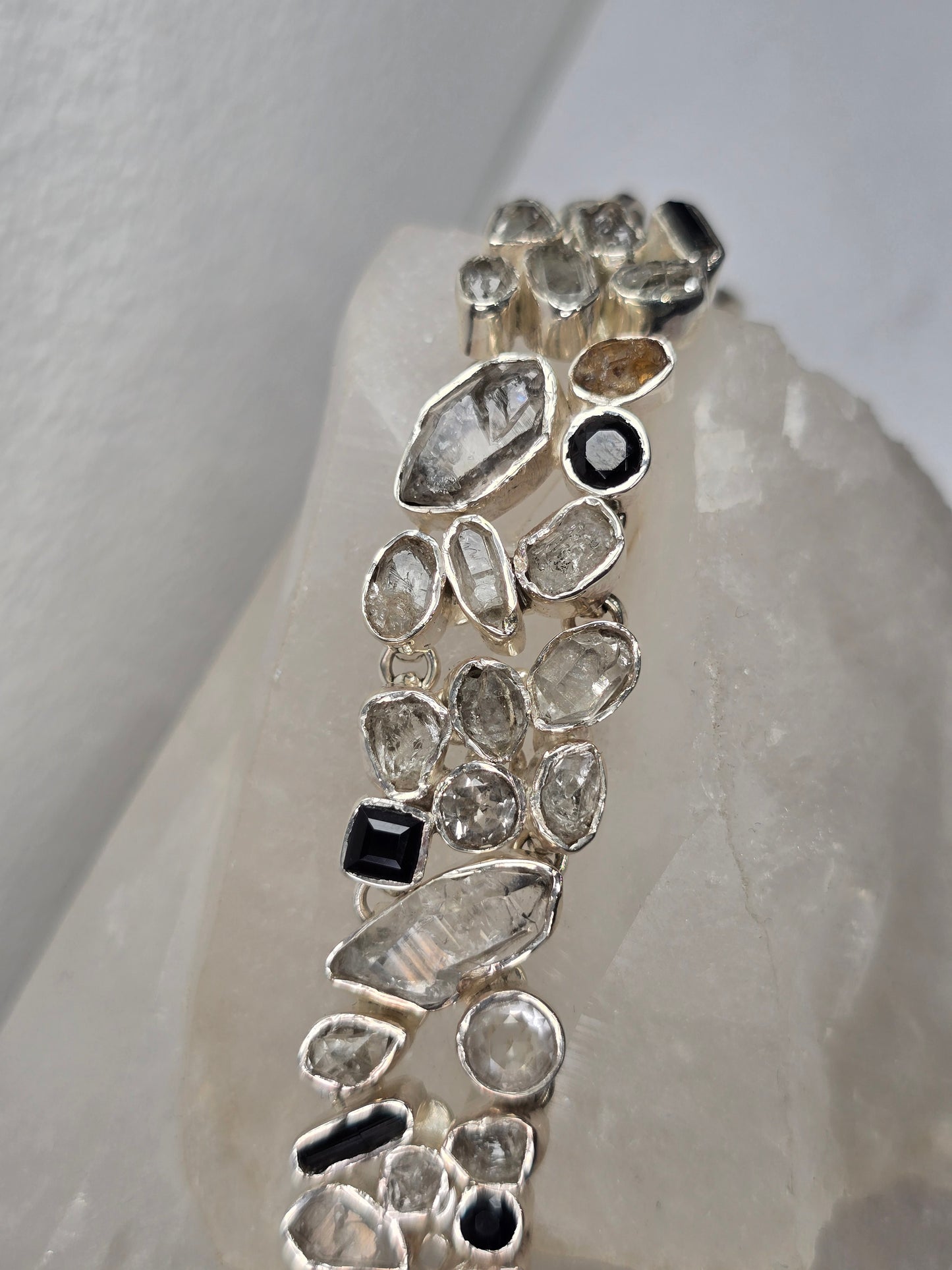 Black Onyx, Tourmaline, and Herkimer Quartz Sterling silver bracelet